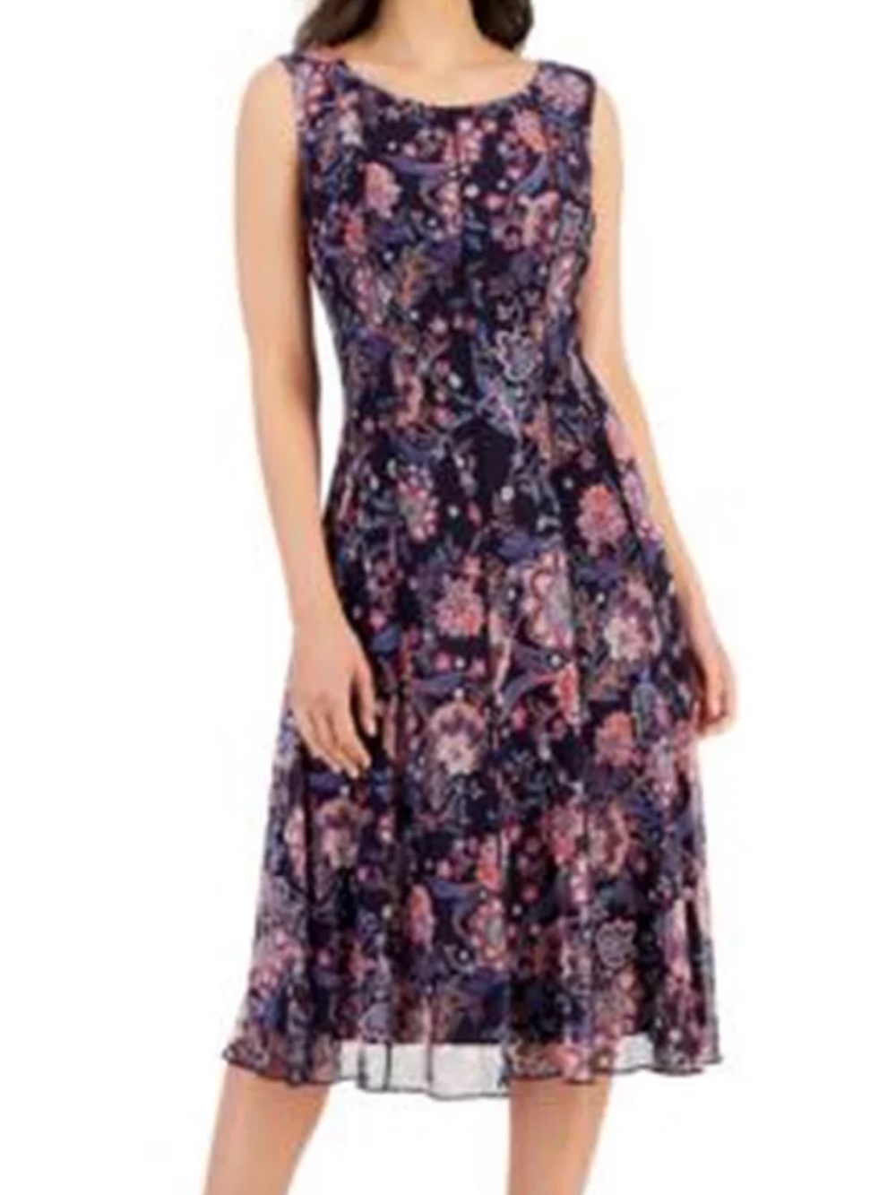 Floral Sleeveless Dress - Black with Multicolor Flowers, soft pleats lined